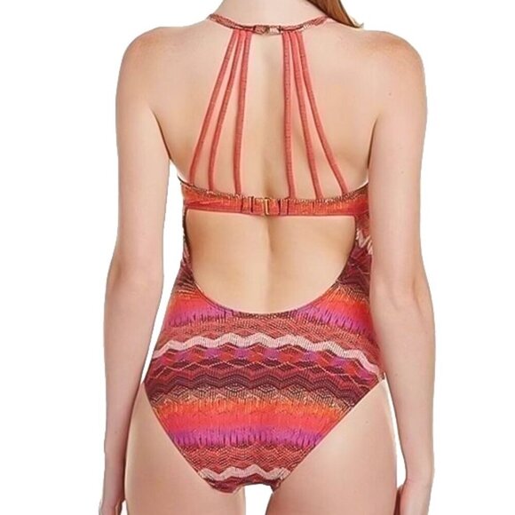 La Blanca Striped Abstract Print One Piece Swimsuit Bath Suit Size 14 - Picture 2 of 7